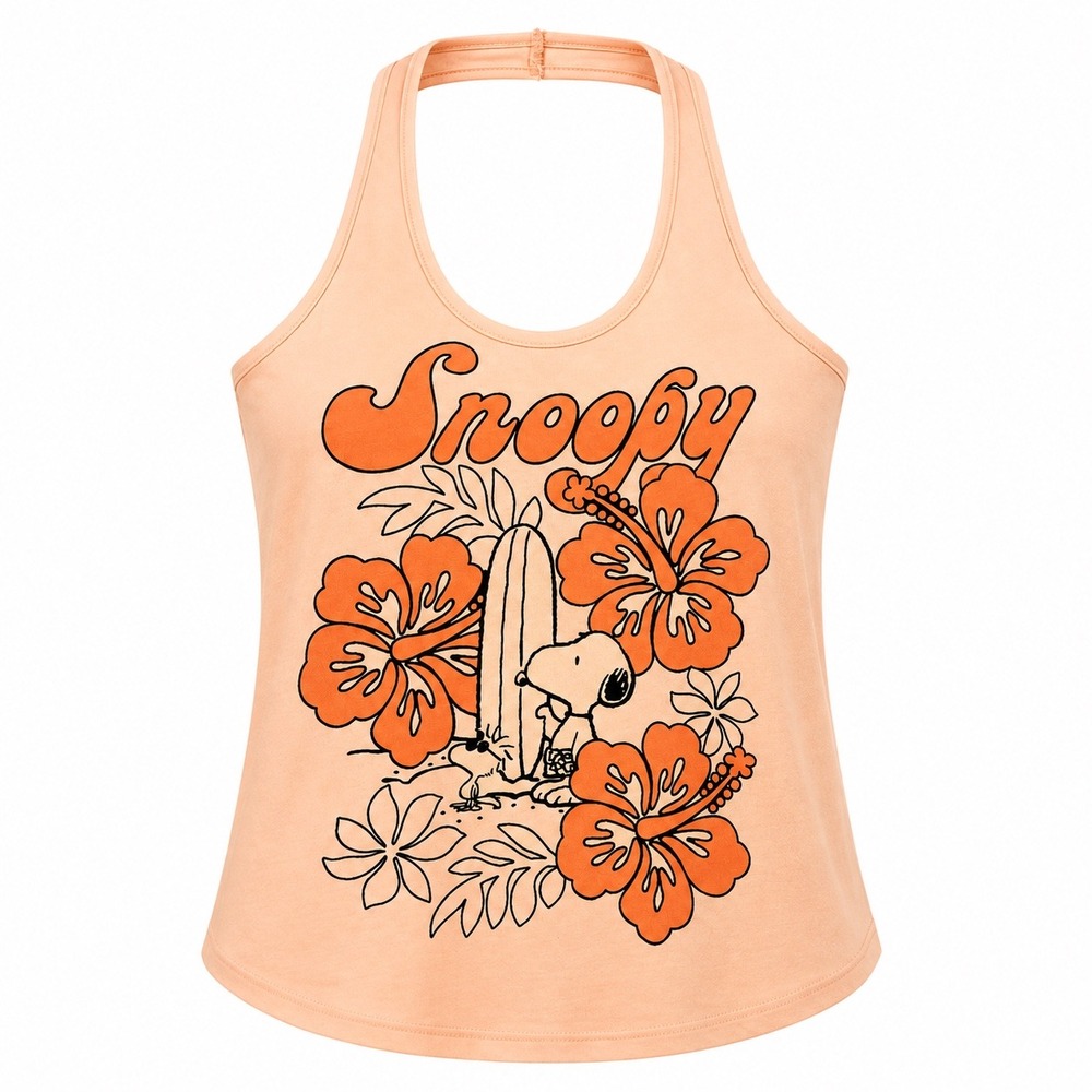 Peanuts Kids Halter Top M Cotton Peach Snoopy Hibiscus Surf Tropical Summer NWT